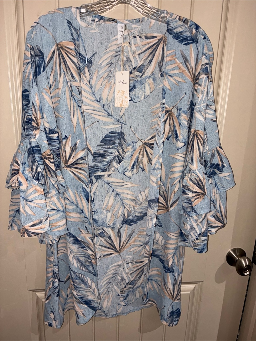 L Love Blue Tropical Print Ruffle Sleeve Kimomo